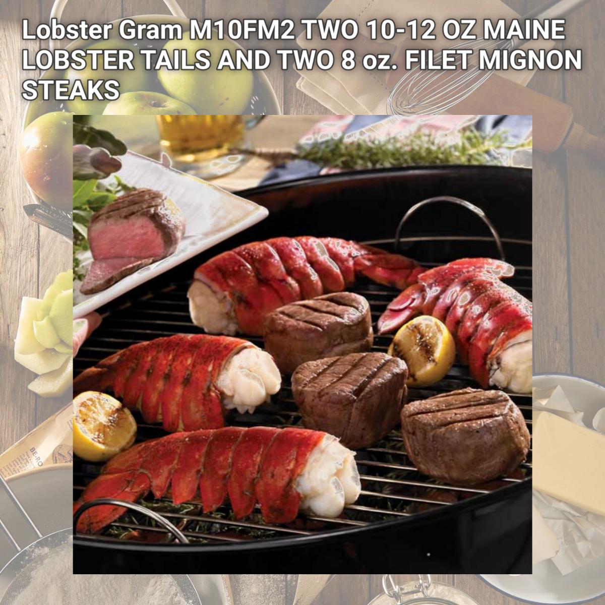 Picture of Lobster Gram M10FM2 TWO 10-12 OZ MAINE LOBSTER TAILS AND TWO 8 oz. FILET MIGNON STEAKS