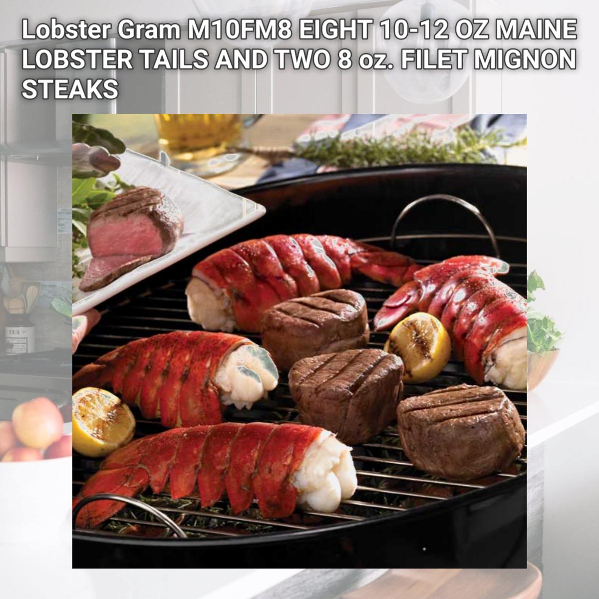 Picture of Lobster Gram M10FM8 EIGHT 10-12 OZ MAINE LOBSTER TAILS AND TWO 8 oz. FILET MIGNON STEAKS