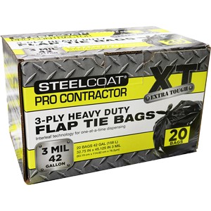 Fg-p9934-76a 42 Gal 3 Mil Steelcoat Black Pro Contractor Flap Tie Bags, 20 Count