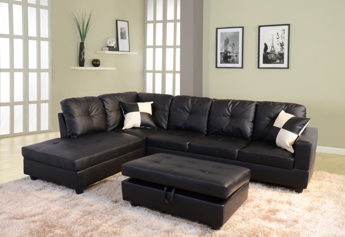Ls091a Left Facing Sectional Sofa Set - Faux Leather, Black - 3 Piece