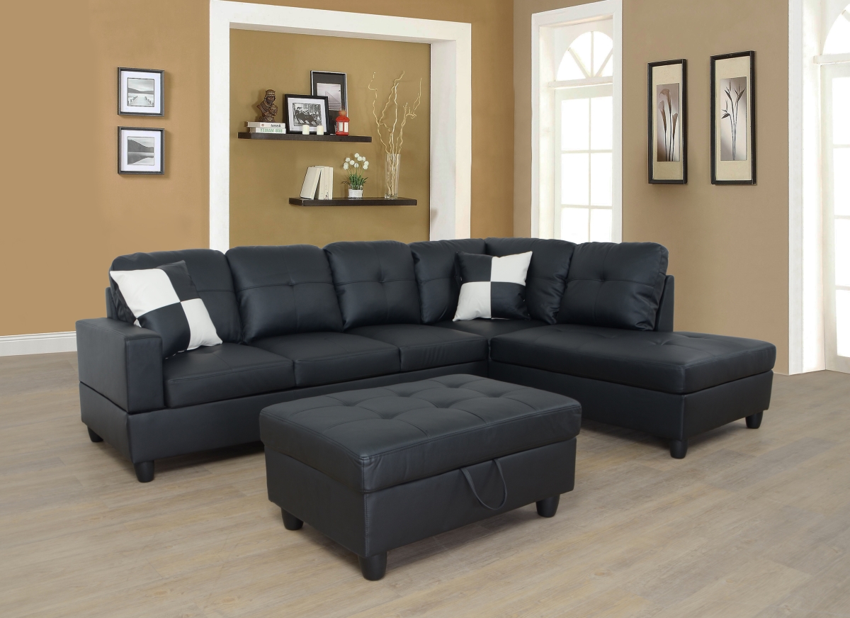 Ls091b Right Facing Sectional Sofa Set - Faux Leather, Black - 3 Piece