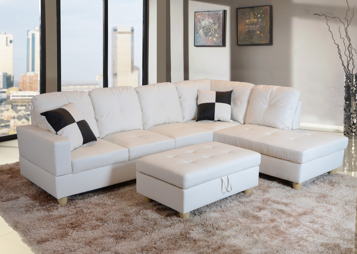 Ls092b Right Facing Sectional Sofa Set - Faux Leather, White - 3 Piece