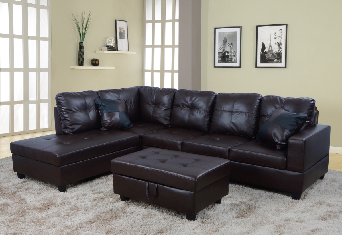 Ls093a Left Facing Sectional Sofa Set - Faux Leather, Brown - 3 Piece