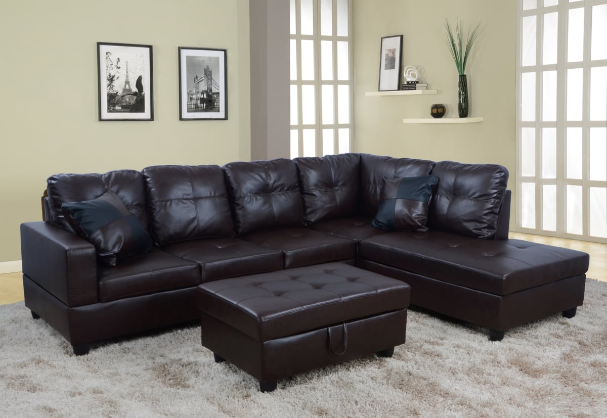 Ls093b Right Facing Sectional Sofa Set - Faux Leather, Brown - 3 Piece