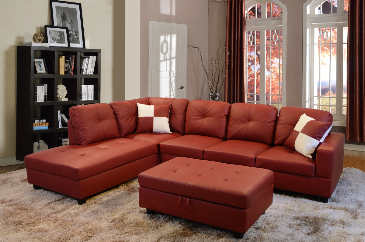 Ls094a Left Facing Sectional Sofa Set - Faux Leather, Red - 3 Piece