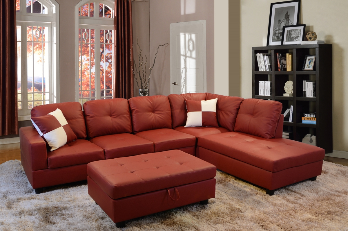 Ls094b Right Facing Sectional Sofa Set - Faux Leather, Red - 3 Piece