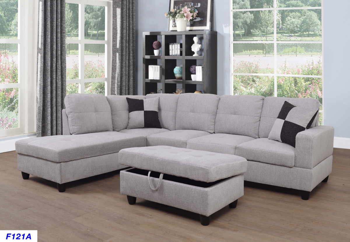 Ls121a Left Facing Sectional Sofa Set - Flannelette, Grey & White - 3 Piece