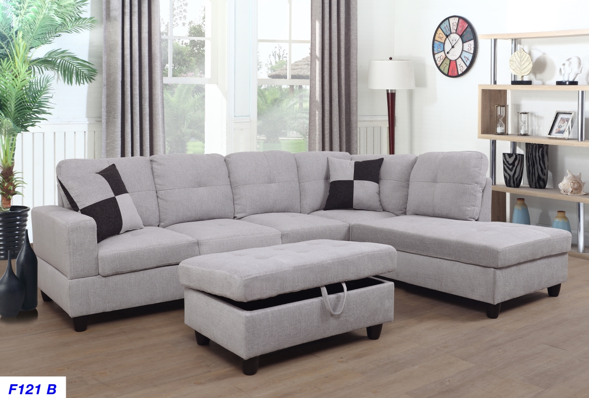 Ls121b Right Facing Sectional Sofa Set - Flannelette, Grey & White - 3 Piece