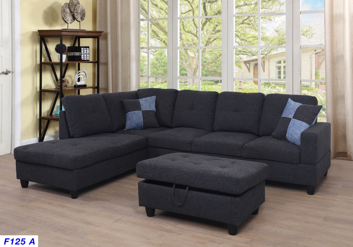 Ls125a Left Facing Sectional Sofa Set - Linen, Black & Grey - 3 Piece