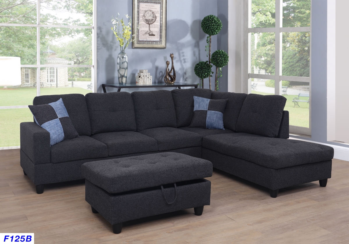 Ls125b Right Facing Sectional Sofa Set, Black & Grey - 3 Piece