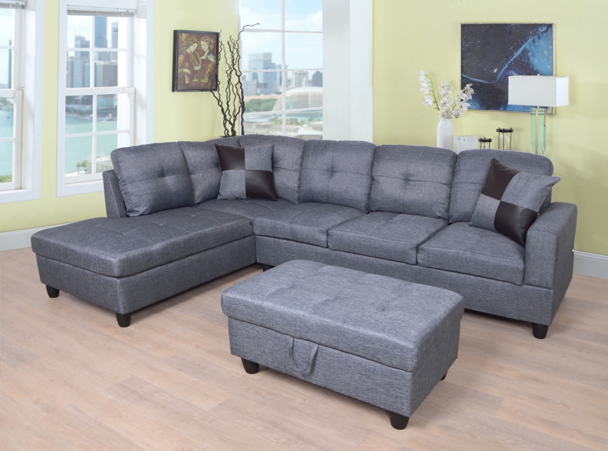 Ls128a Left Facing Sectional Sofa Set - Linen, Light Grey - 3 Piece