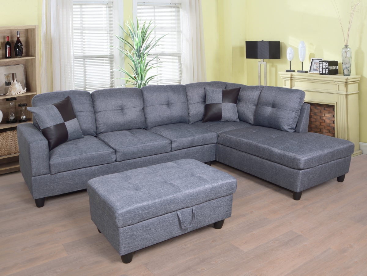 Ls128b Right Facing Sectional Sofa Set - Linen, Light Grey - 3 Piece