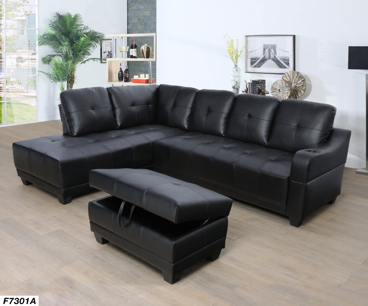 Ls7301a Left Facing Sectional Sofa Set - Faux Leather, Black - 3 Piece