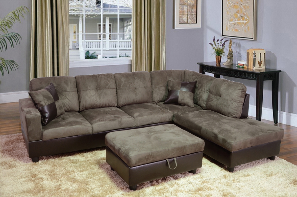 Ls102b Right Facing Sectional Sofa Set - Microfiber & Faux Leather, Taupe - 3 Piece