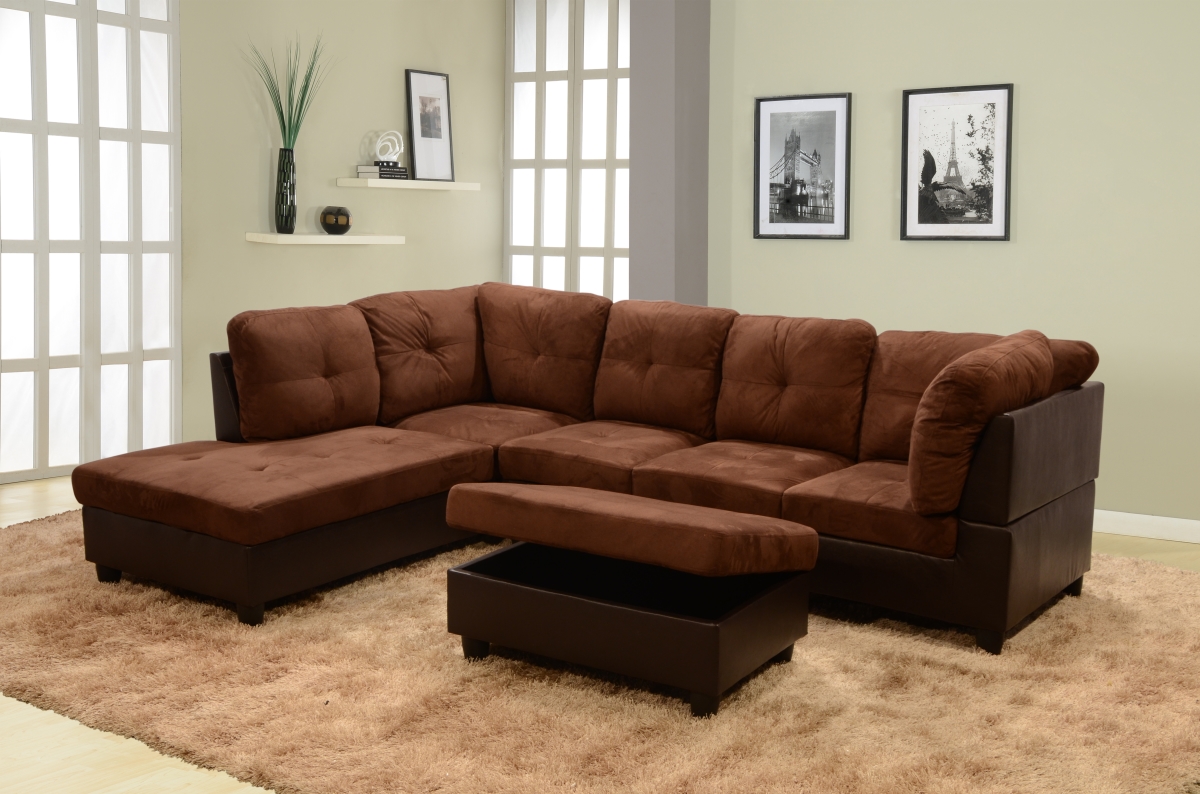 Ls107a Left Facing Sectional Sofa Set - Microfiber & Faux Leather, Chocolate - 3 Piece