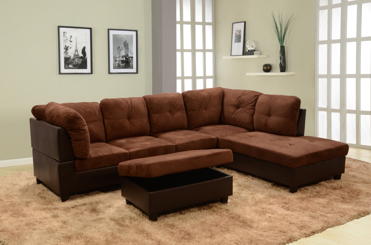 Ls107b Right Facing Sectional Sofa Set - Microfiber & Faux Leather, Chocolate - 3 Piece