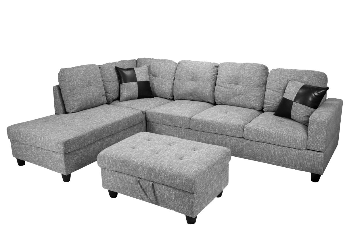 Ls118a Left Facing Sectional Sofa Set - Linen, Grey - 3 Piece