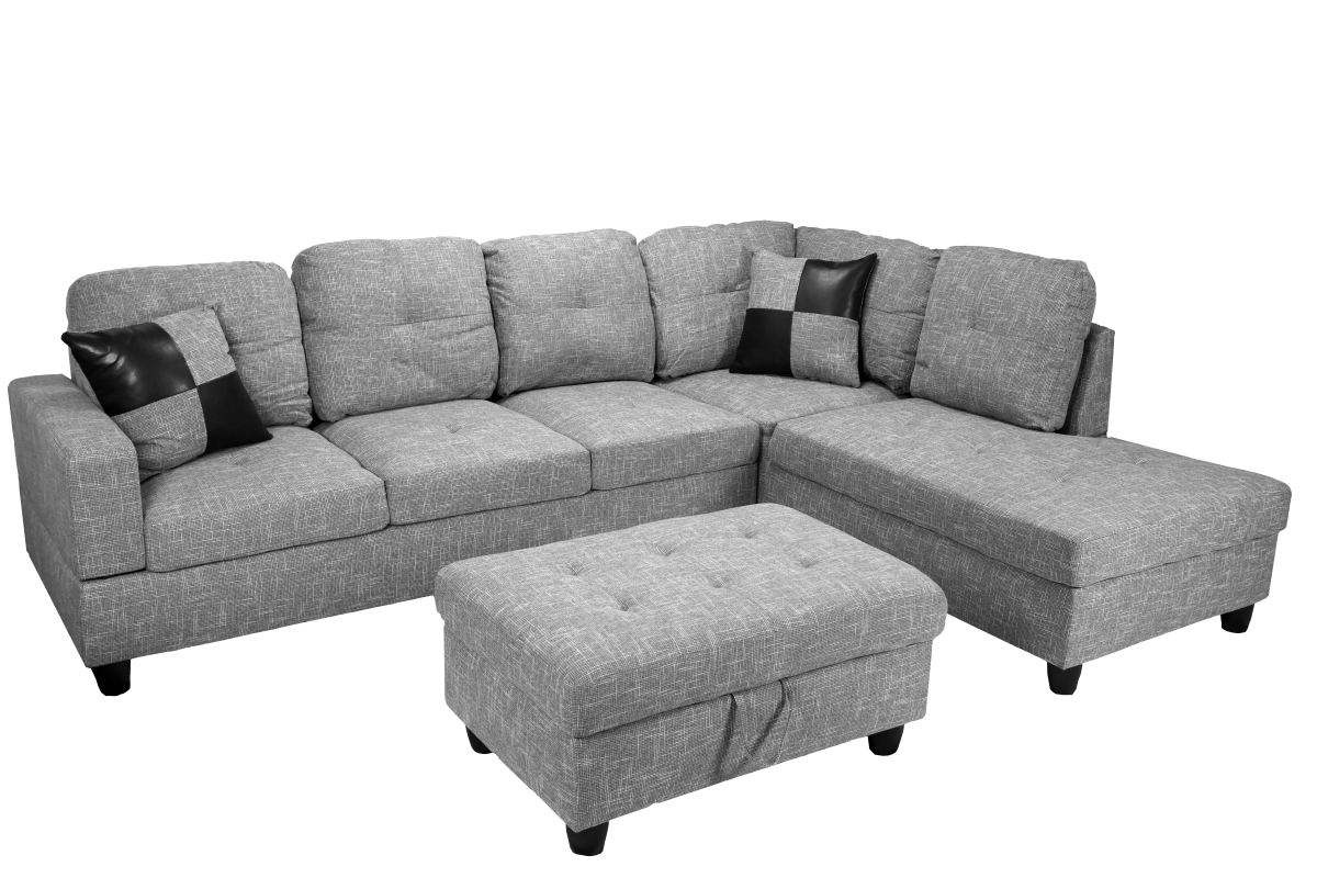 Ls118b Right Facing Sectional Sofa Set - Linen, Grey - 3 Piece