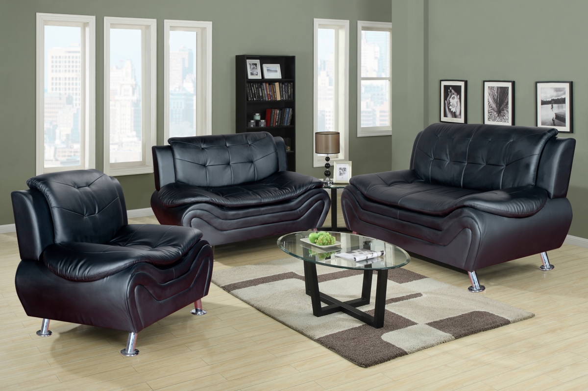 Ls4502-3pc Aldo Living Room Sofa Set - Faux Leather, Black - 3 Piece