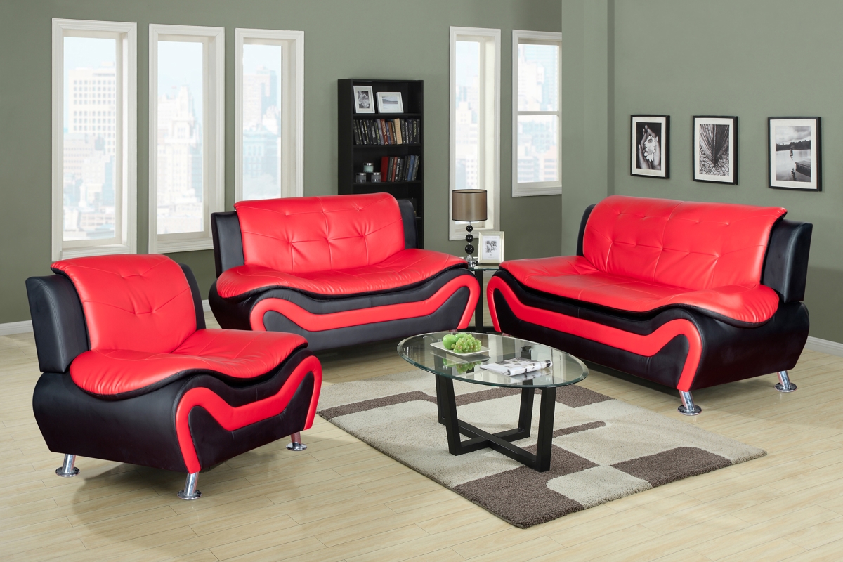 Ls4503-3pc Aldo Living Room Sofa Set - Faux Leather, Red & Black - 3 Piece