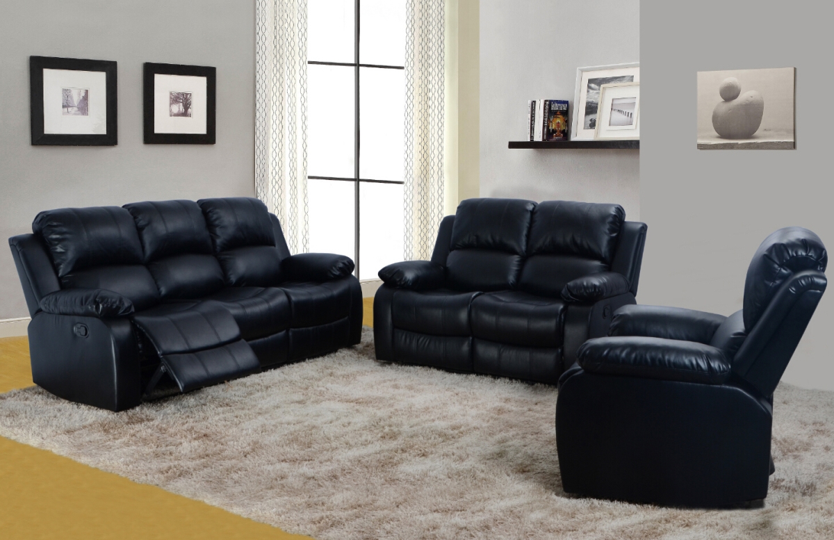 Ls2900b-3pc Reclining Living Room Sofa Set - Bonded Leather, Black - 3 Piece