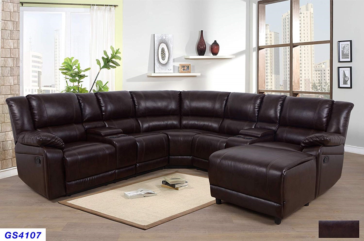 Lsfgs4107 5 Piece Recliner Sectional Sofa Set With Push Back Chaise, 2 Cup Holder Consoles With Lift Up Storage, Bonded Leather - Brown