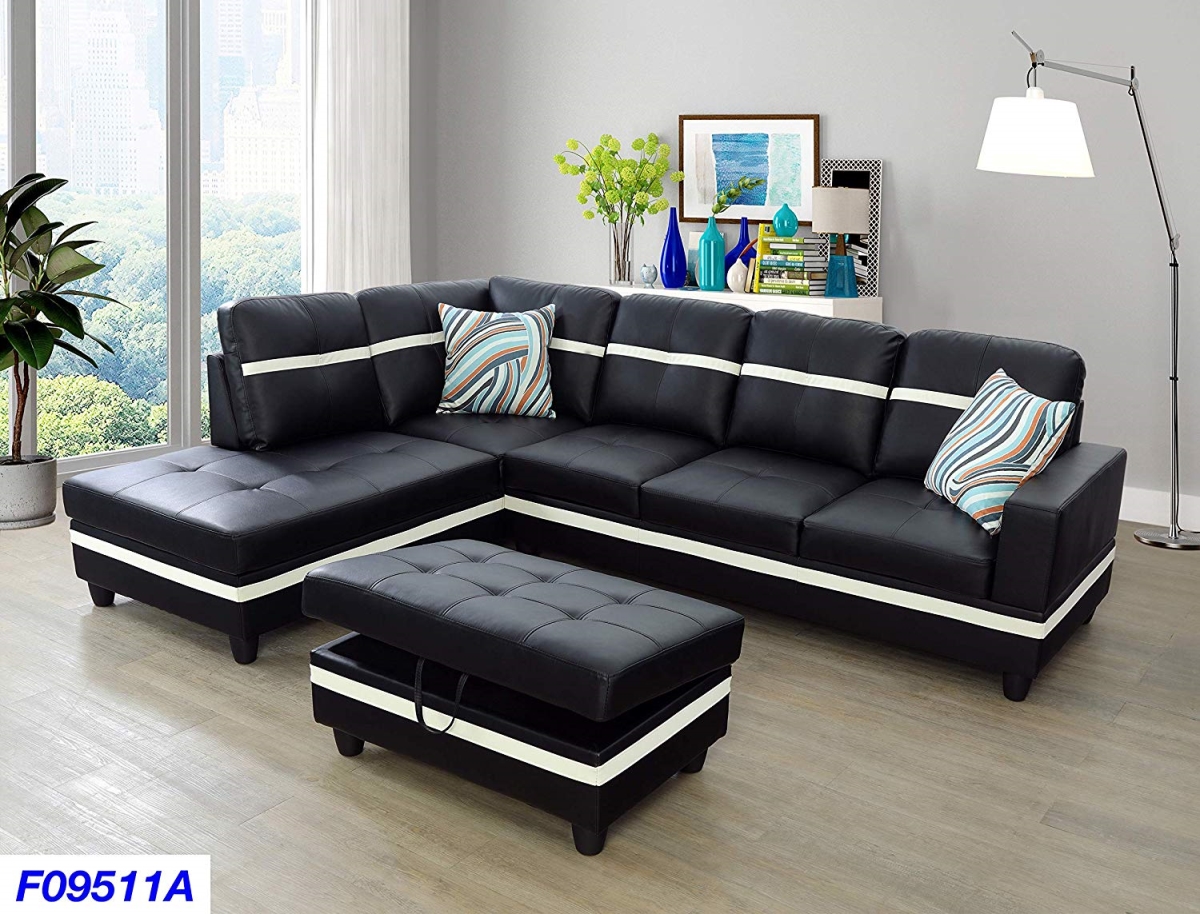 Lsf09511a 3 Piece Left Facing Sectional Sofa Set With Ottoman, Faux Leather - Black & White
