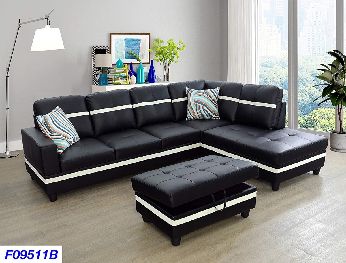 Lsf09511b 3 Piece Right Facing Sectional Sofa Set With Ottoman, Faux Leather - Black & White