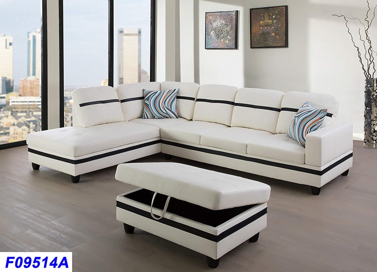 Lsf09514a 3 Piece Left Facing Sectional Sofa Set With Ottoman, Faux Leather - White & Black