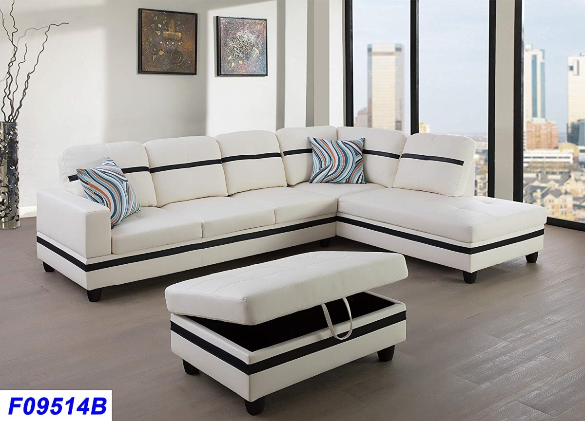 Lsf09514b 3 Piece Right Facing Sectional Sofa Set With Ottoman, Faux Leather - White & Black