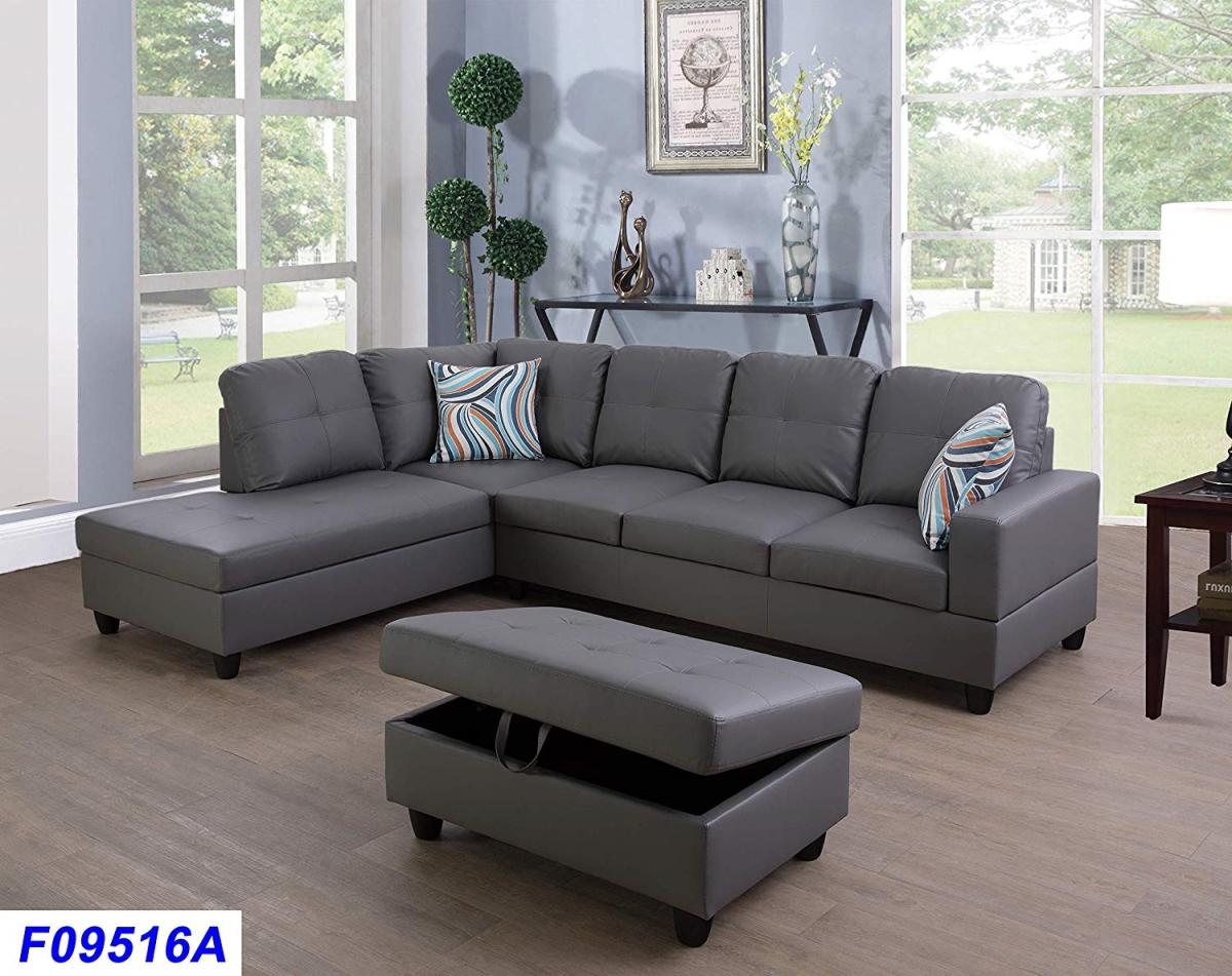 Lsf09516a 3 Piece Left Facing Sectional Sofa Set With Ottoman, Faux Leather - Dark Grey