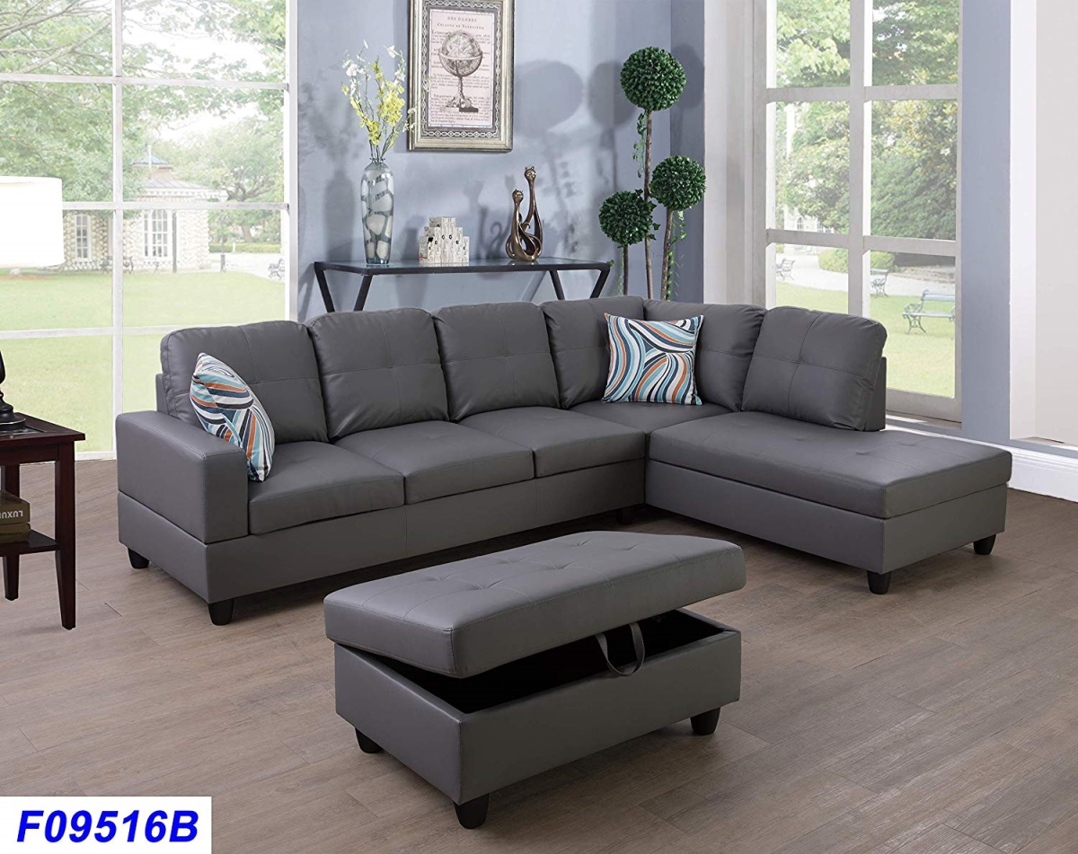 Lsf09516b 3 Piece Right Facing Sectional Sofa Set With Ottoman, Faux Leather - Dark Grey
