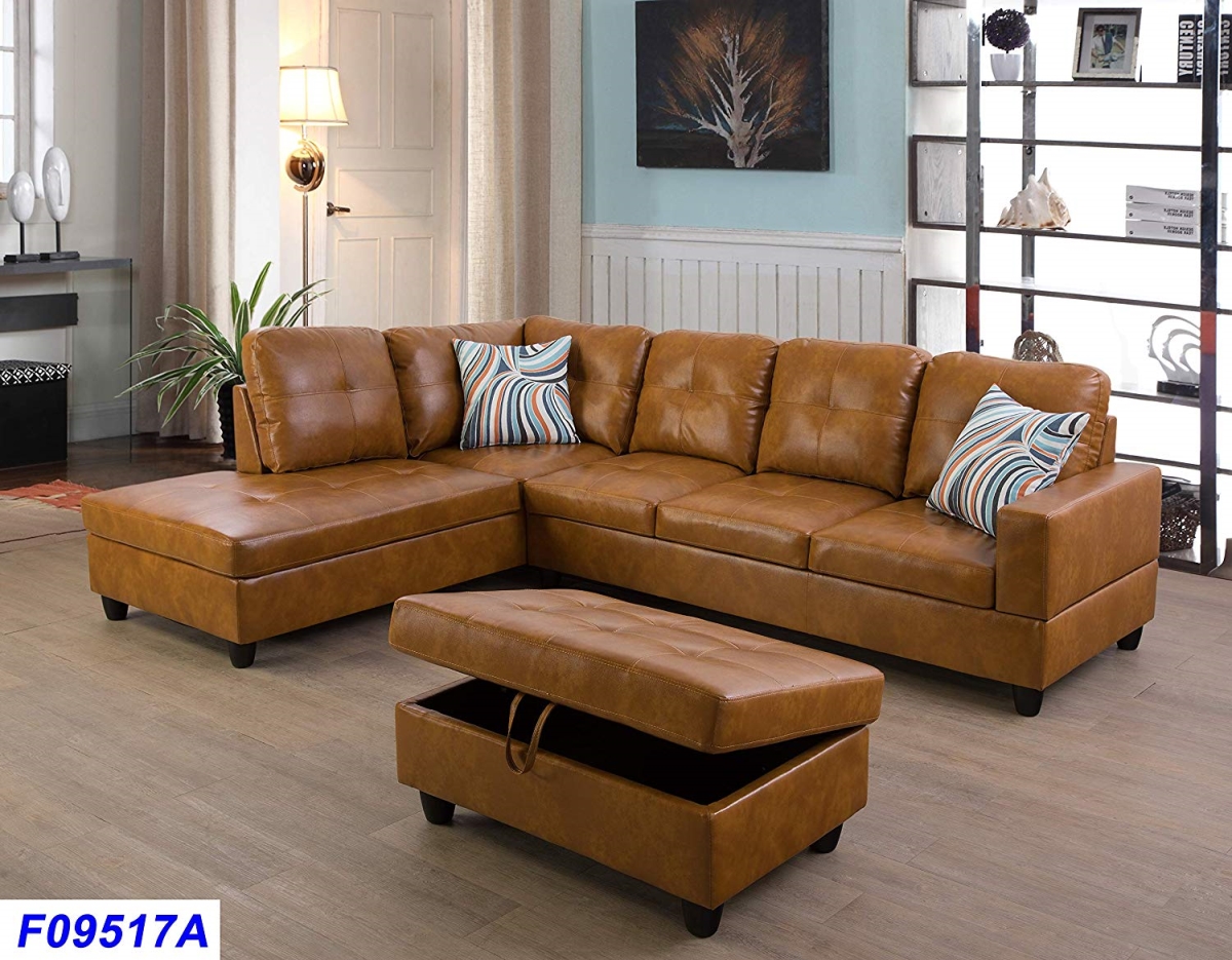 Lsf09517a 3 Piece Left Facing Sectional Sofa Set With Ottoman, Faux Leather - Ginger