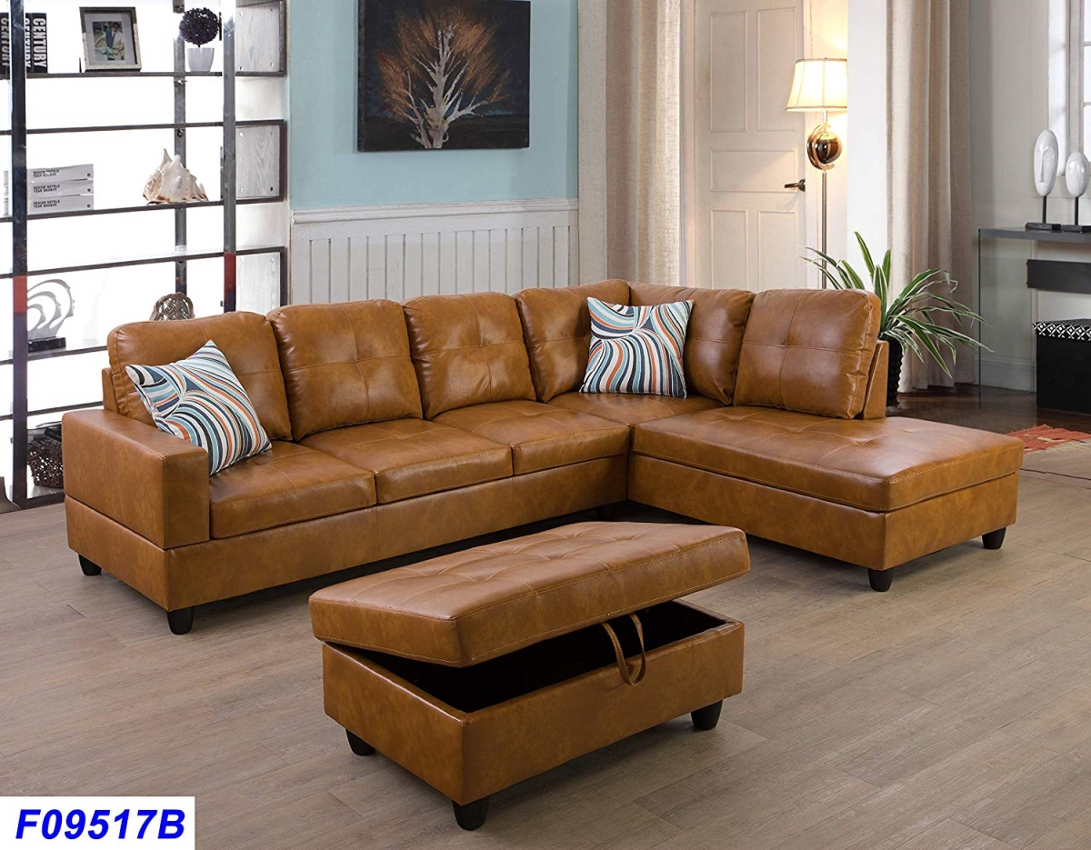 Lsf09517b 3 Piece Right Facing Sectional Sofa Set With Ottoman, Faux Leather - Ginger