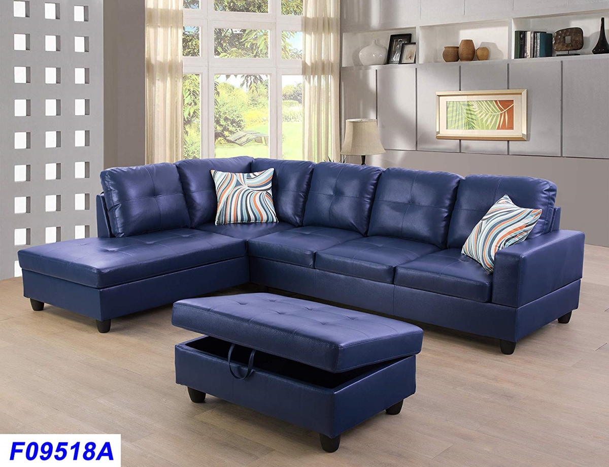 Lsf09518a 3 Piece Left Facing Sectional Sofa Set With Ottoman, Faux Leather - Denim