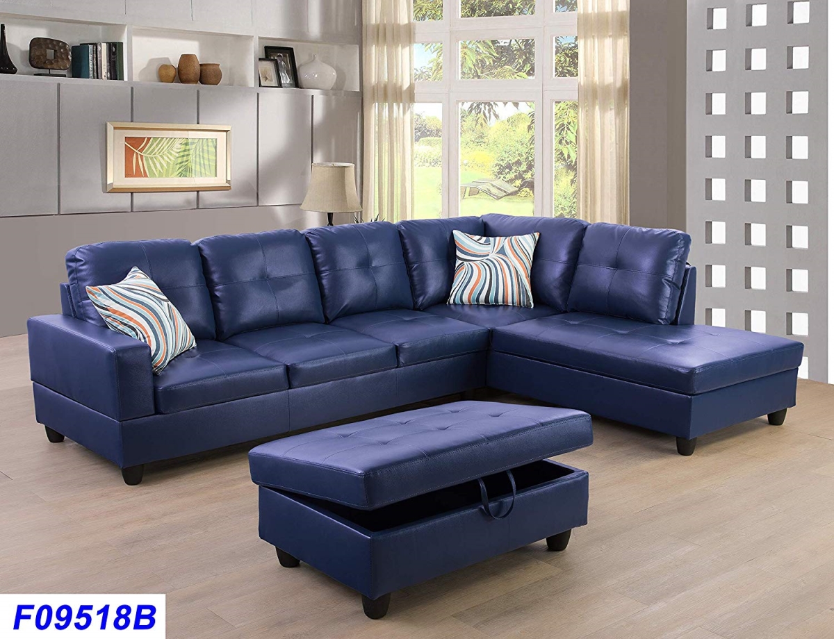 Lsf09518b 3 Piece Right Facing Sectional Sofa Set With Ottoman, Faux Leather - Denim
