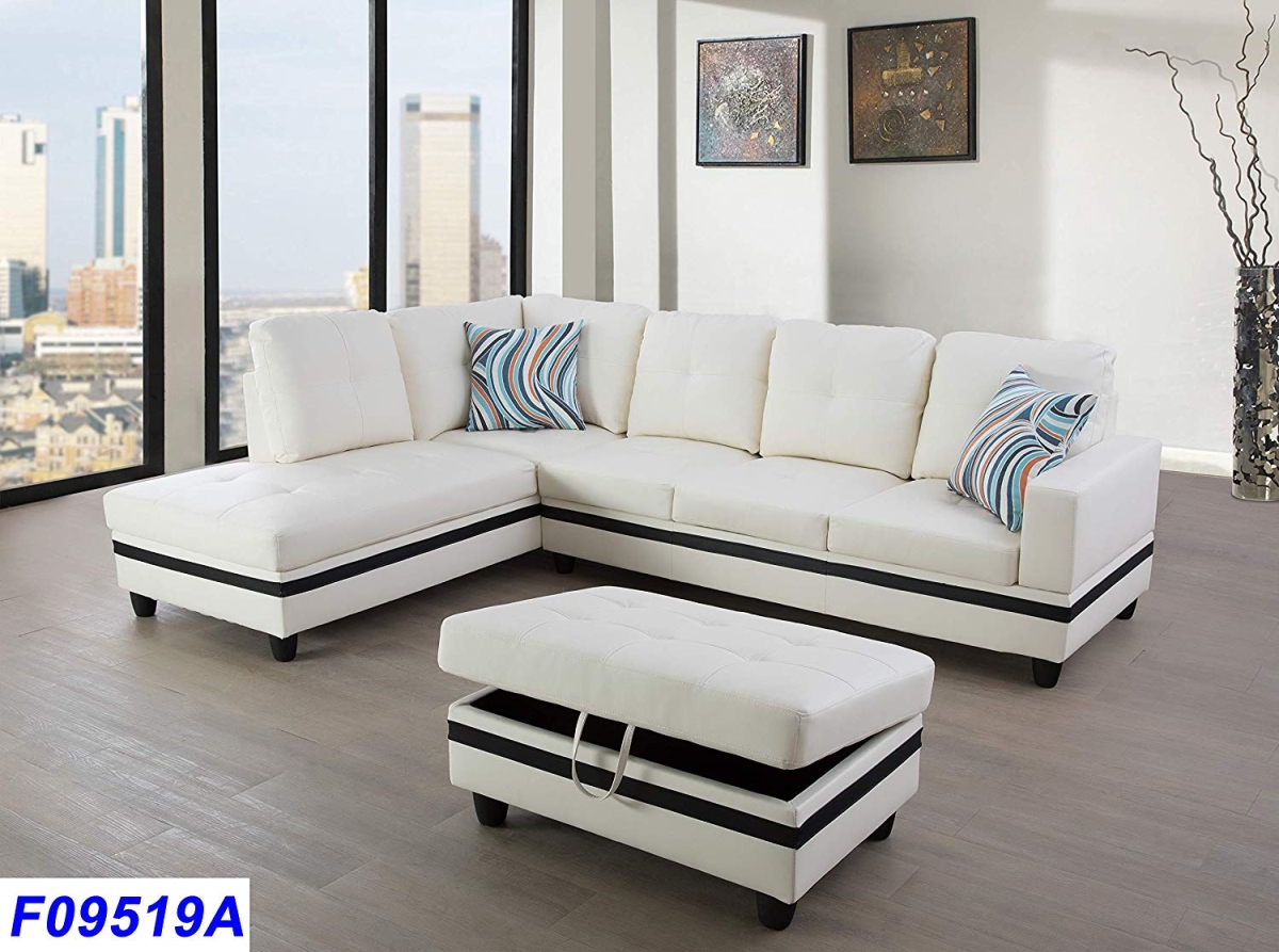 Lsf09519a 3 Piece Left Facing Sectional Sofa Set With Ottoman, Faux Leather - White & Black