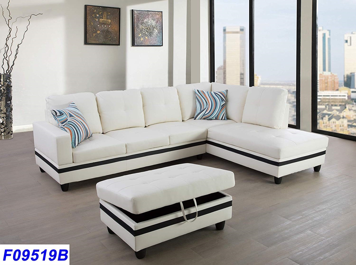 Lsf09519b 3 Piece Right Facing Sectional Sofa Set With Ottoman, Faux Leather - White & Black