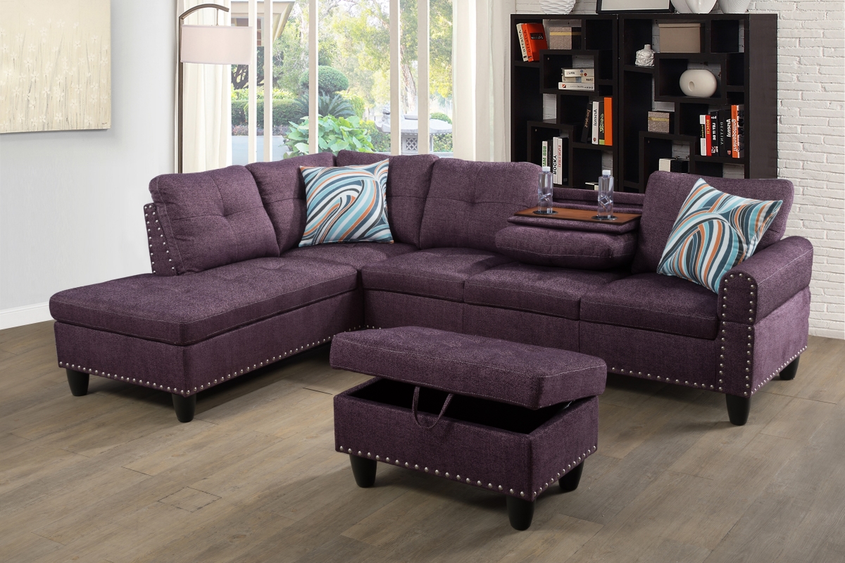 F09917a Sectional Couch Sofa Set With Ottoman Left Facing Build-in Coffee Table Red Line - 3 Piece