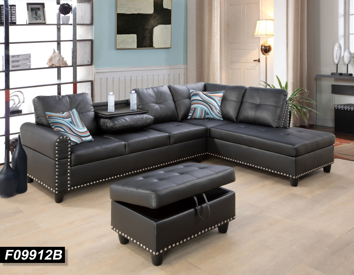 F09912b Sectional Couch Sofa Set With Ottoman Right Facing Build-in Coffee Table Black Faux Leather - 3 Piece