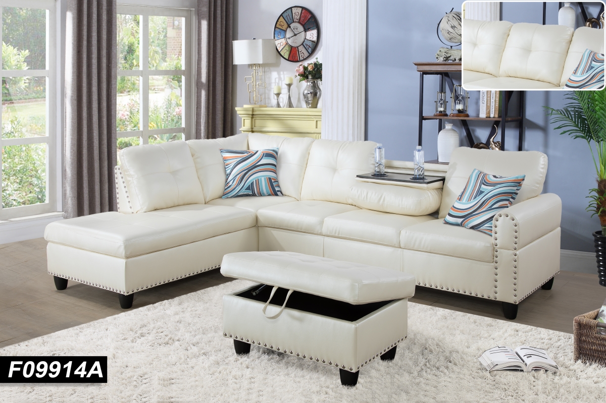 F09914a Sectional Couch Sofa Set With Ottoman Left Facing Build-in Coffee Table White Faux Leather - 3 Piece