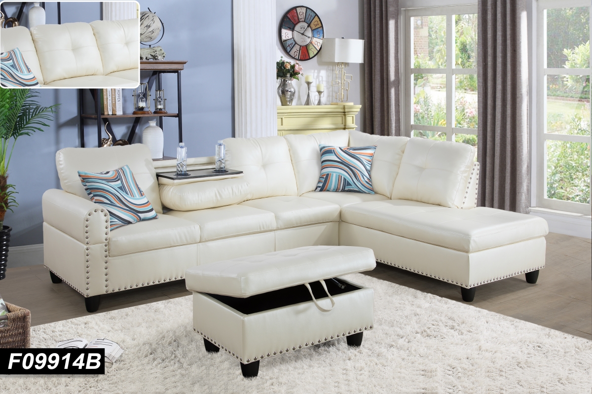 F09914b Sectional Couch Sofa Set With Ottoman Right Facing Build-in Coffee Table White Faux Leather - 3 Piece