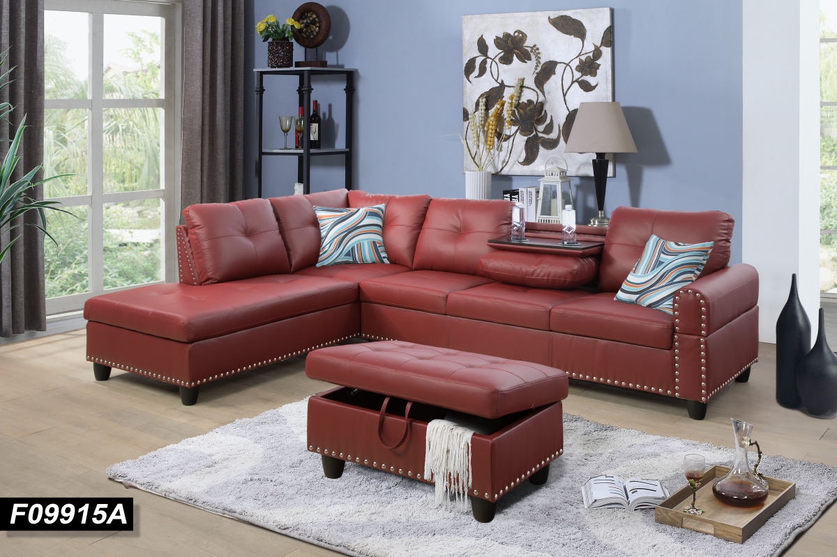 F09915a Sectional Couch Sofa Set With Ottoman Left Facing Build-in Coffee Table Red Faux Leather - 3 Piece