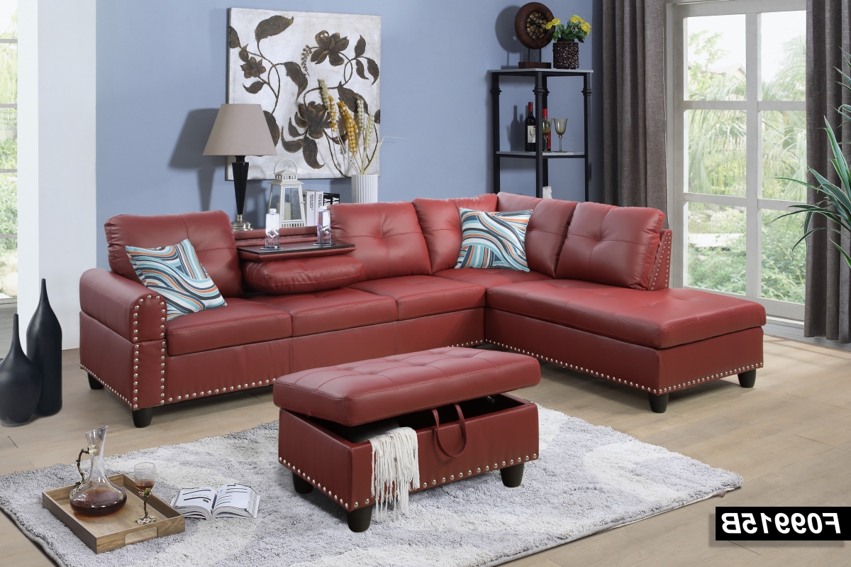 F09915b Sectional Couch Sofa Set With Ottoman Right Facing Build-in Coffee Table Red Faux Leather - 3 Piece