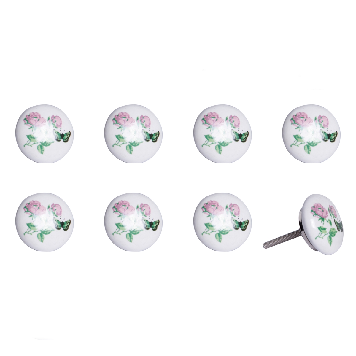 676685031266 Vintage Hand Painted Ceramic Knob Set - Pink, White & Green - Pack Of 8