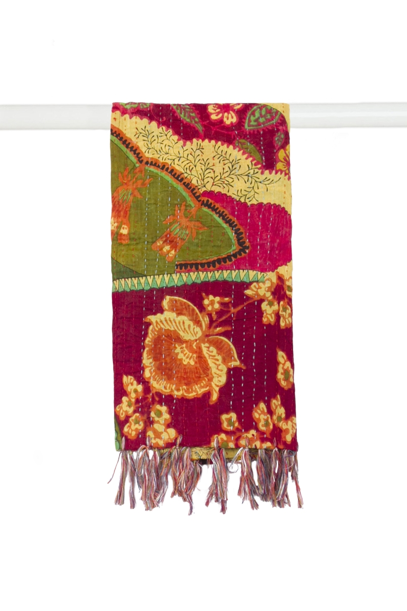 676685039996 18 X 72 In. Kantha Cotton Scarf - Burgundy, Green & Yellow