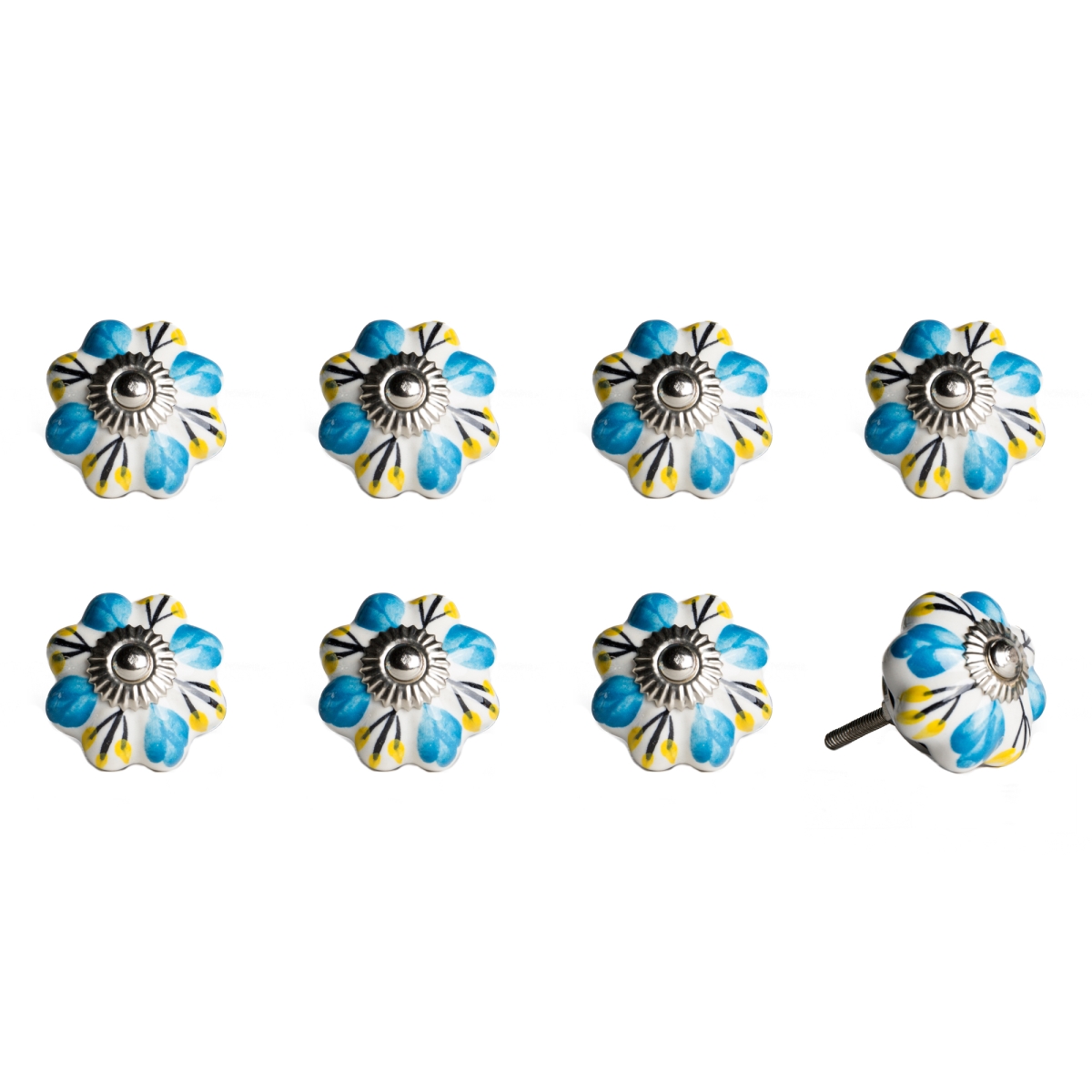 676685044877 Vintage Handpainted Ceramic Flower Knob Set - White & Blue - Pack Of 8