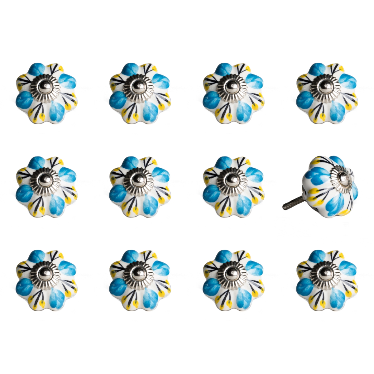 676685045089 Vintage Ceramic Hand Painted Novelty Knob Set - White, Blue & Yellow - Pack Of 12
