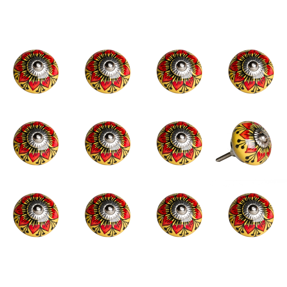 676685045188 Vintage Ceramic Hand Painted Knob Set - Red & Yellow - Pack Of 12