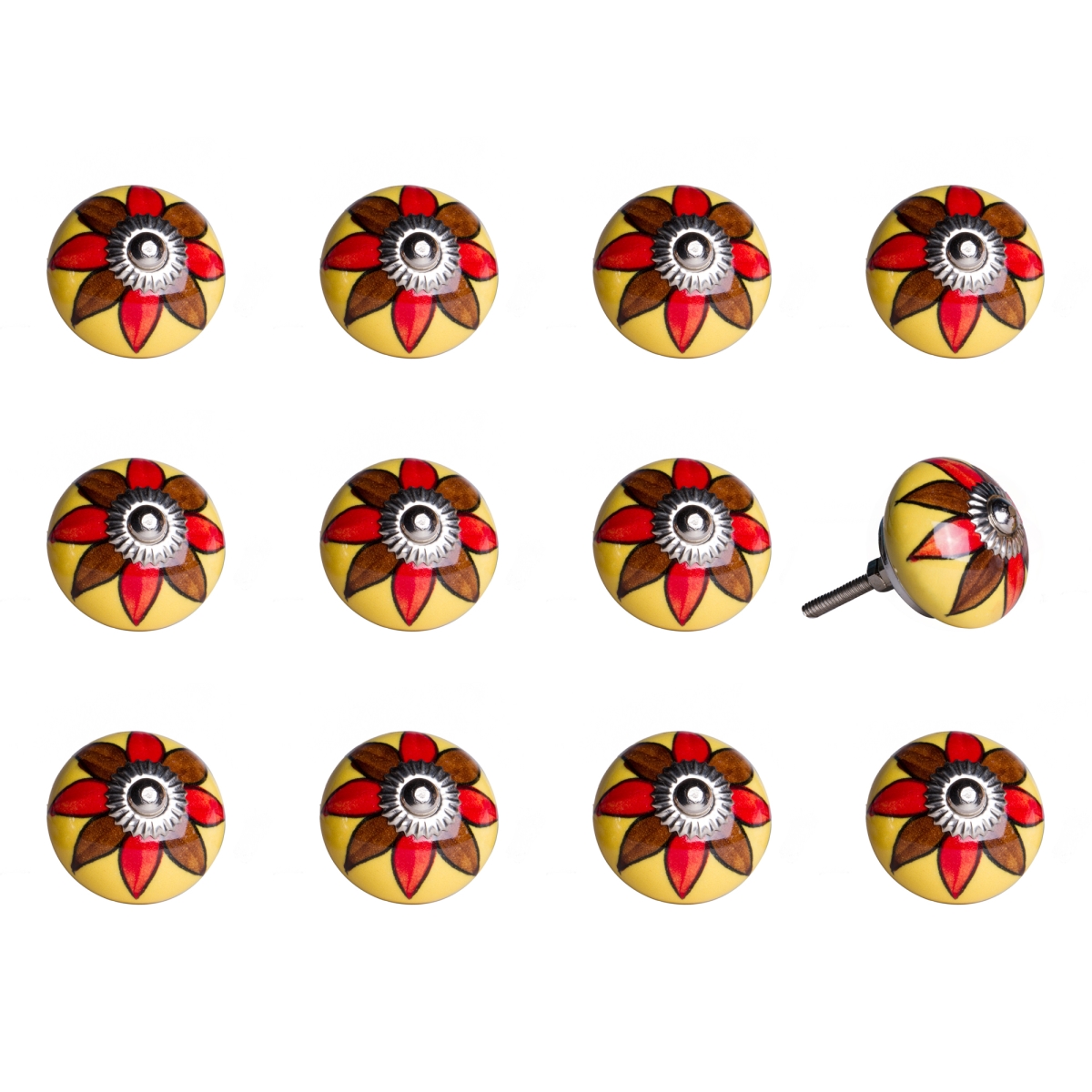 676685045201 Vintage Ceramic Hand Painted Knob Set - Red & Yellow - Pack Of 12